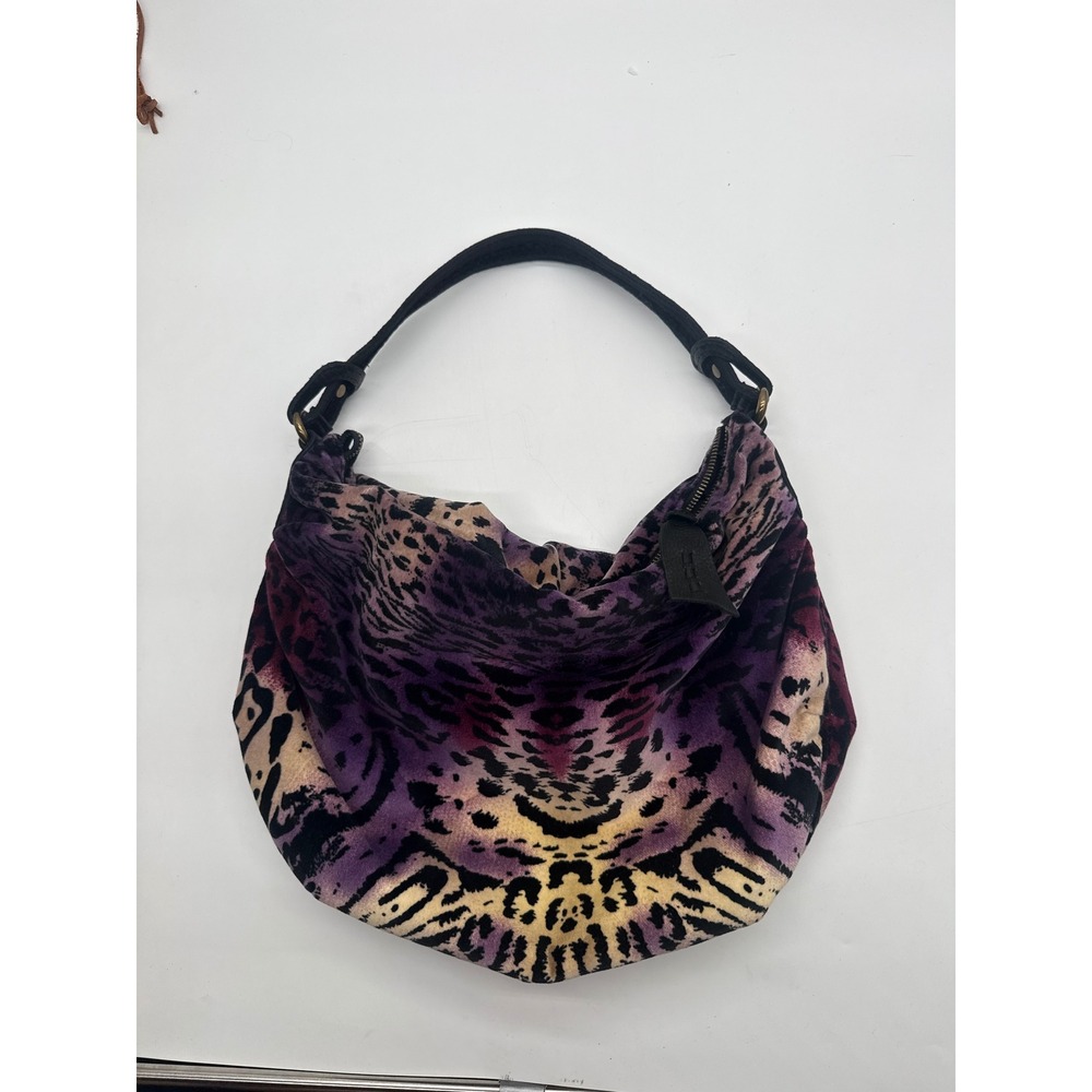 Lucky Brand Purple Leopard Print Velvet Hobo Bag Black Leather Trim Bohemian